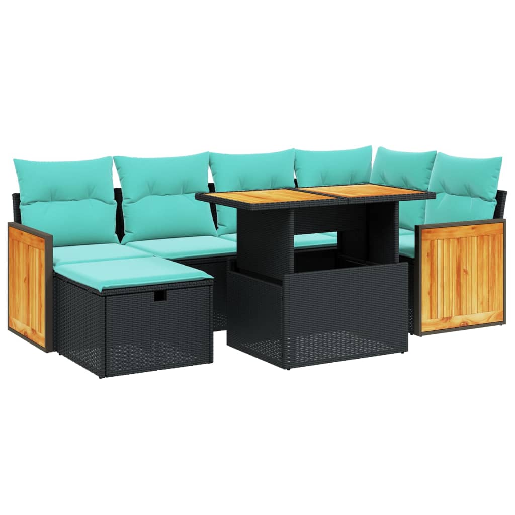 7 Piece Patio Sofa Set with Cushions Black Poly Rattan
