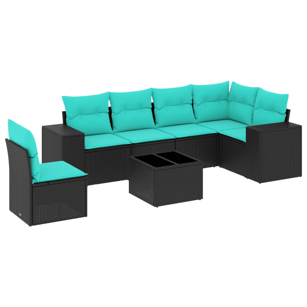 7 Piece Patio Sofa Set with Cushions Black Poly Rattan