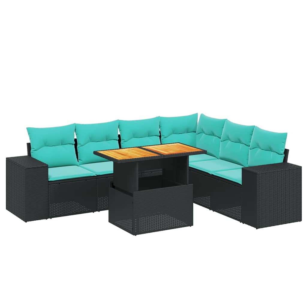 7 Piece Patio Sofa Set with Cushions Black Poly Rattan