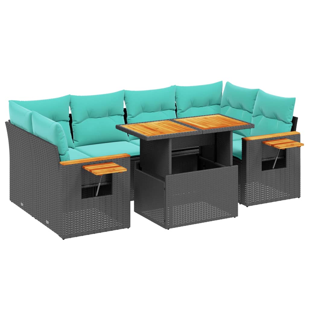 7 Piece Patio Sofa Set with Cushions Black Poly Rattan