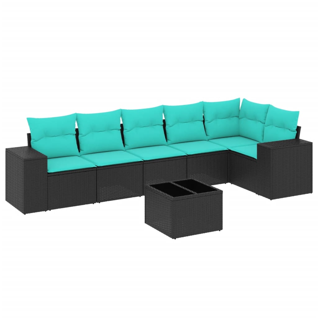 7 Piece Patio Sofa Set with Cushions Black Poly Rattan