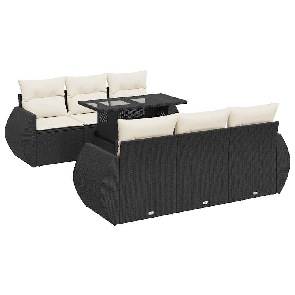 7 Piece Patio Sofa Set with Cushions Black Poly Rattan