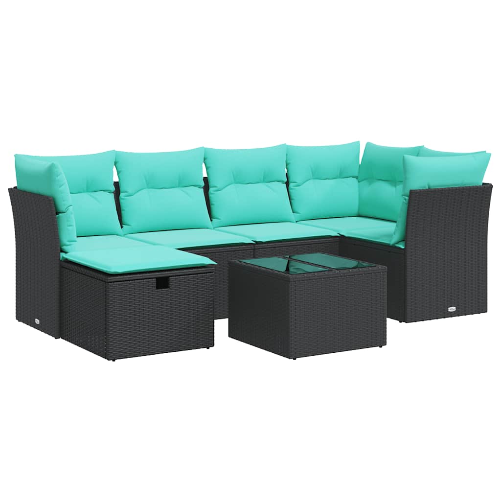 7 Piece Patio Sofa Set with Cushions Black Poly Rattan