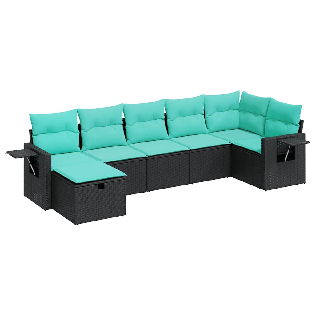 7 Piece Patio Sofa Set with Cushions Black Poly Rattan