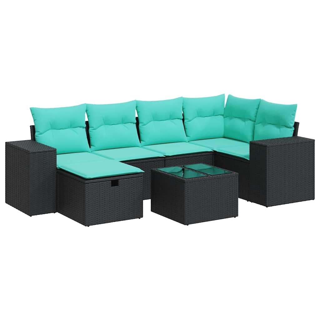 7 Piece Patio Sofa Set with Cushions Black Poly Rattan