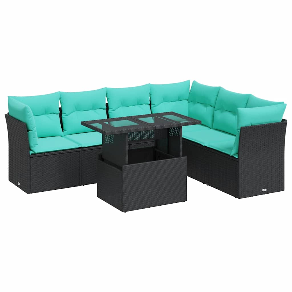 7 Piece Patio Sofa Set with Cushions Black Poly Rattan Acacia