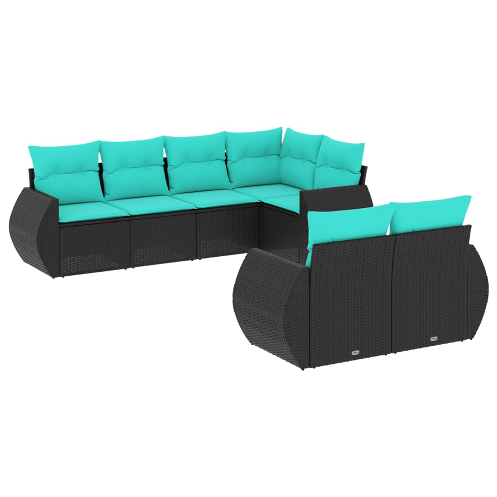 7 Piece Patio Sofa Set with Cushions Black Poly Rattan