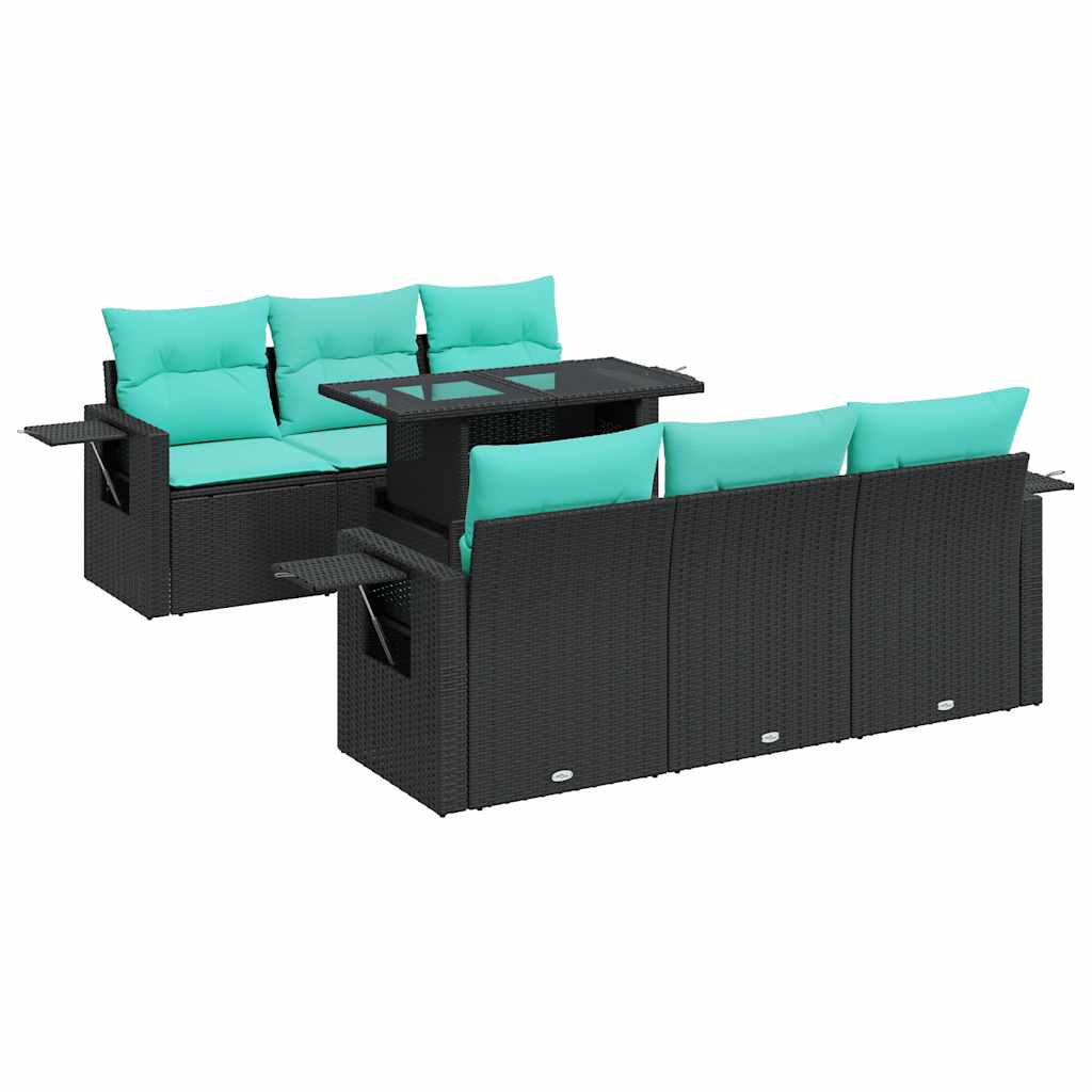 7 Piece Patio Sofa Set with Cushions Black Poly Rattan Acacia