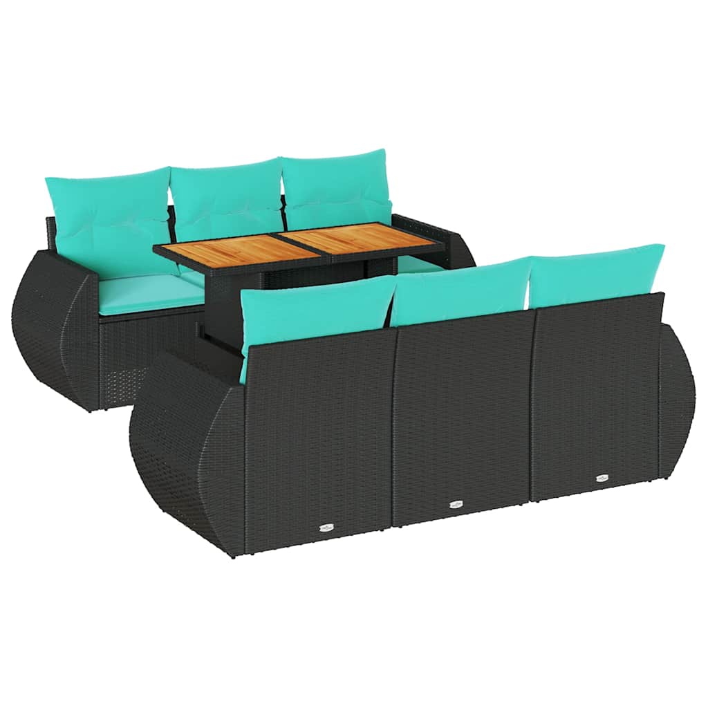 7 Piece Patio Sofa Set with Cushions Black Poly Rattan