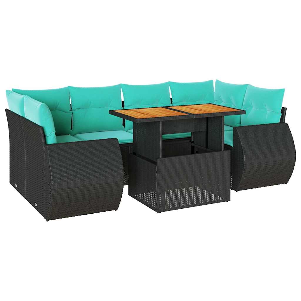 7 Piece Patio Sofa Set with Cushions Black Poly Rattan