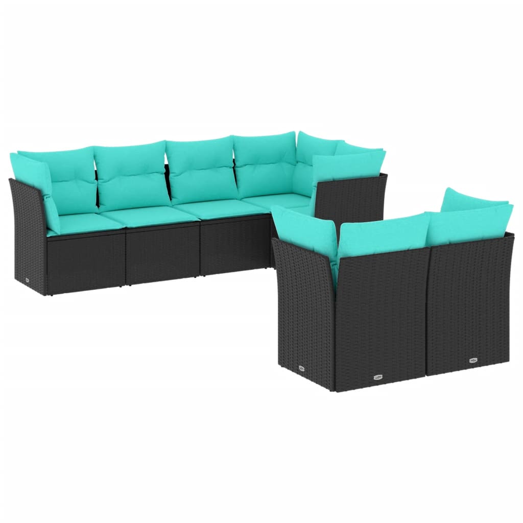 7 Piece Patio Sofa Set with Cushions Black Poly Rattan