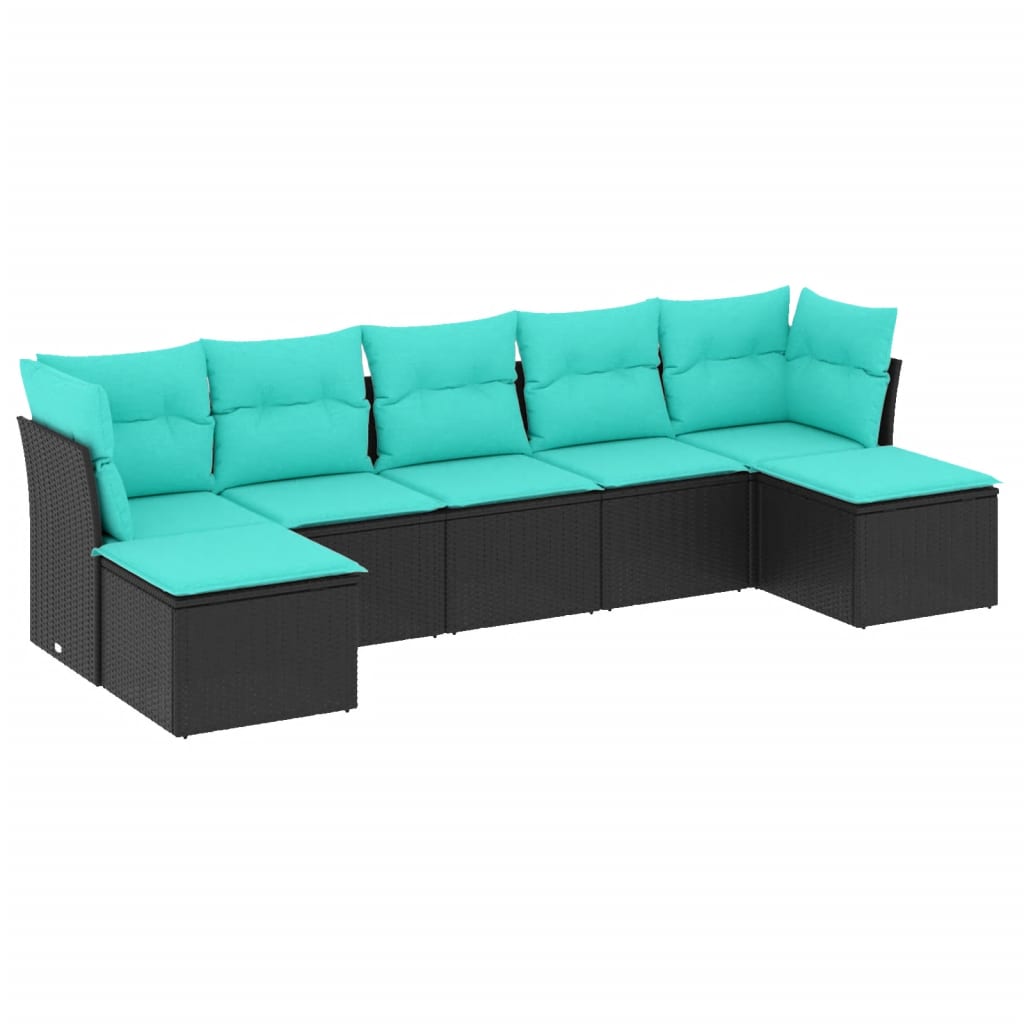 7 Piece Patio Sofa Set with Cushions Black Poly Rattan