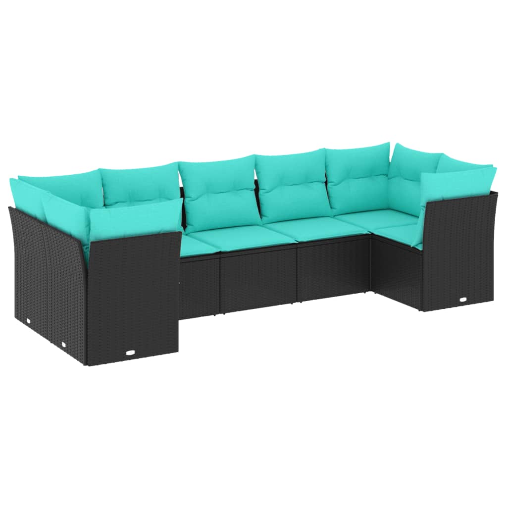 7 Piece Patio Sofa Set with Cushions Black Poly Rattan