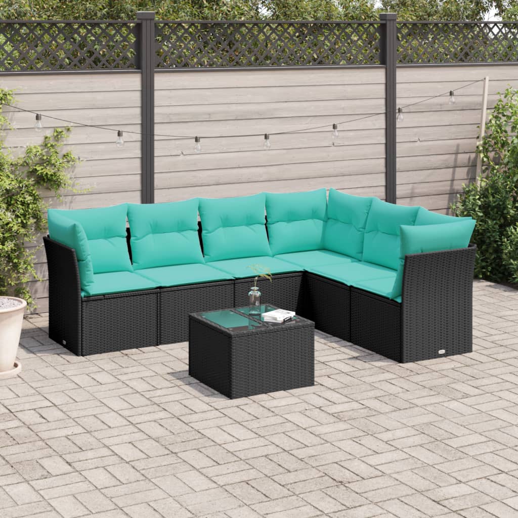 7 Piece Patio Sofa Set with Cushions Black Poly Rattan