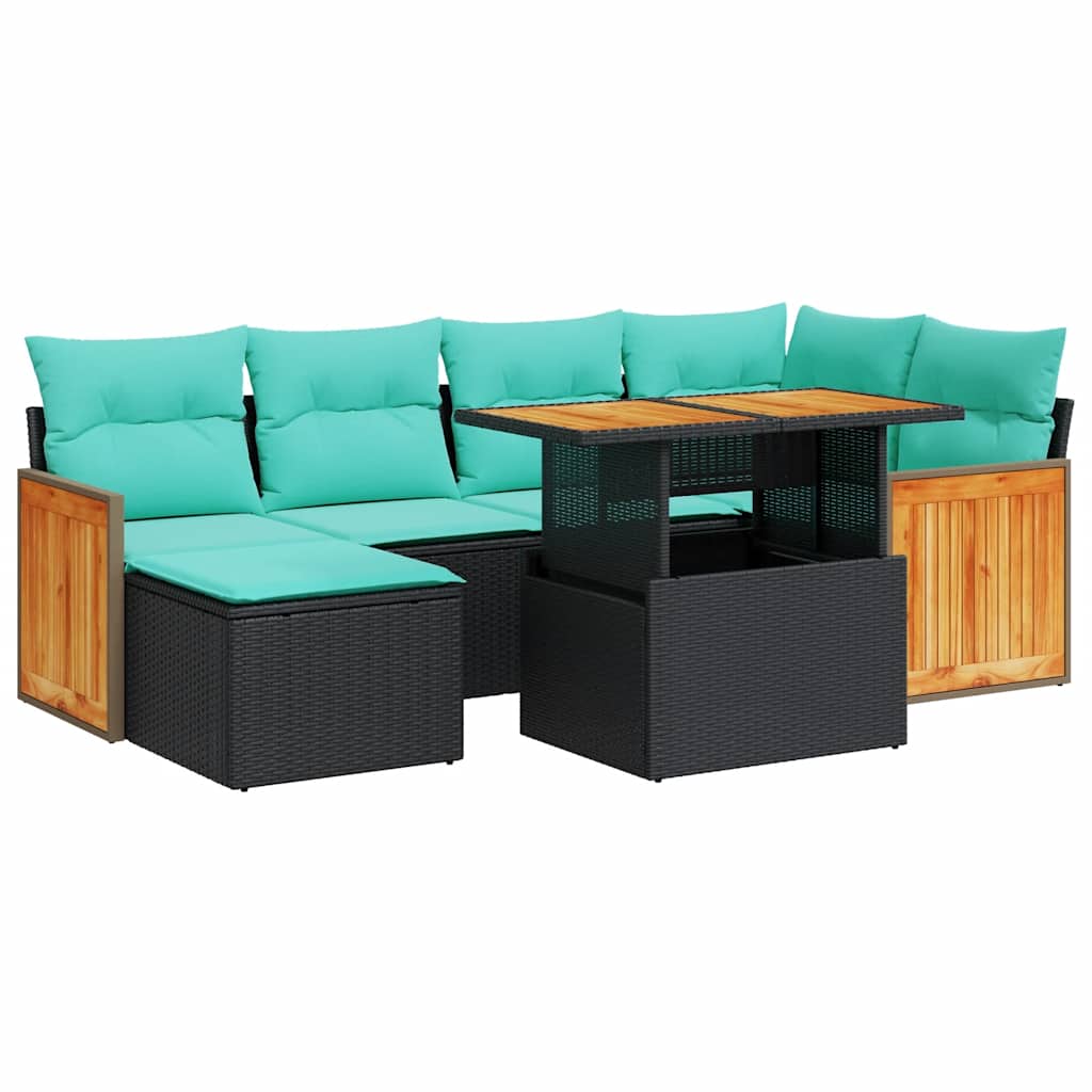 7 Piece Patio Sofa Set with Cushions Brown Poly Rattan Acacia