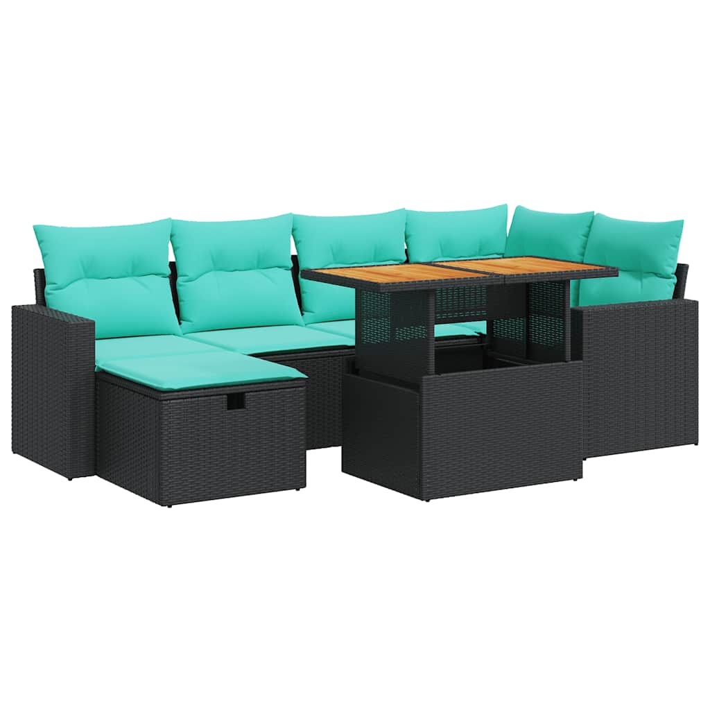 7 Piece Patio Sofa Set with Cushions Brown Poly Rattan Acacia