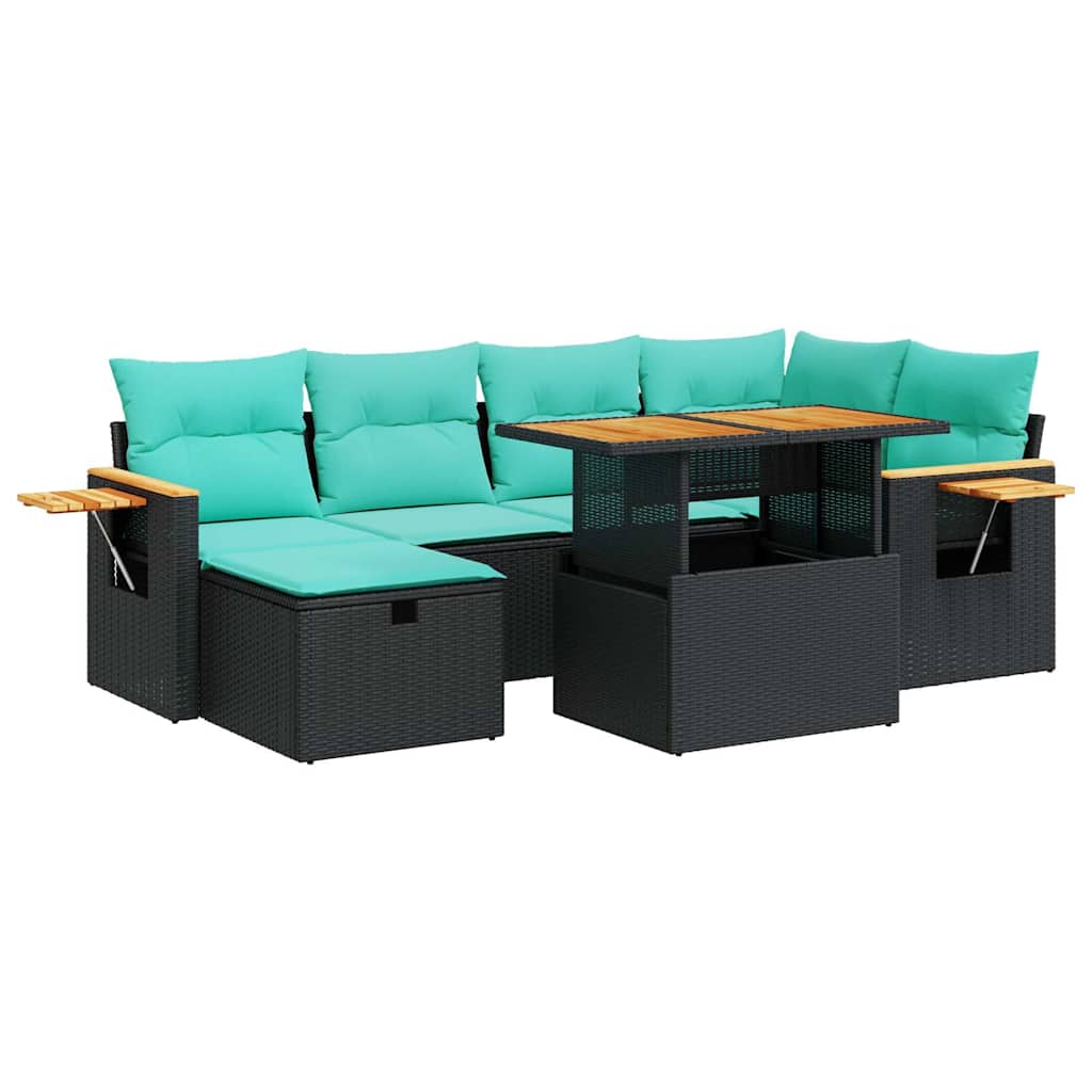 7 Piece Patio Sofa Set with Cushions Brown Poly Rattan Acacia