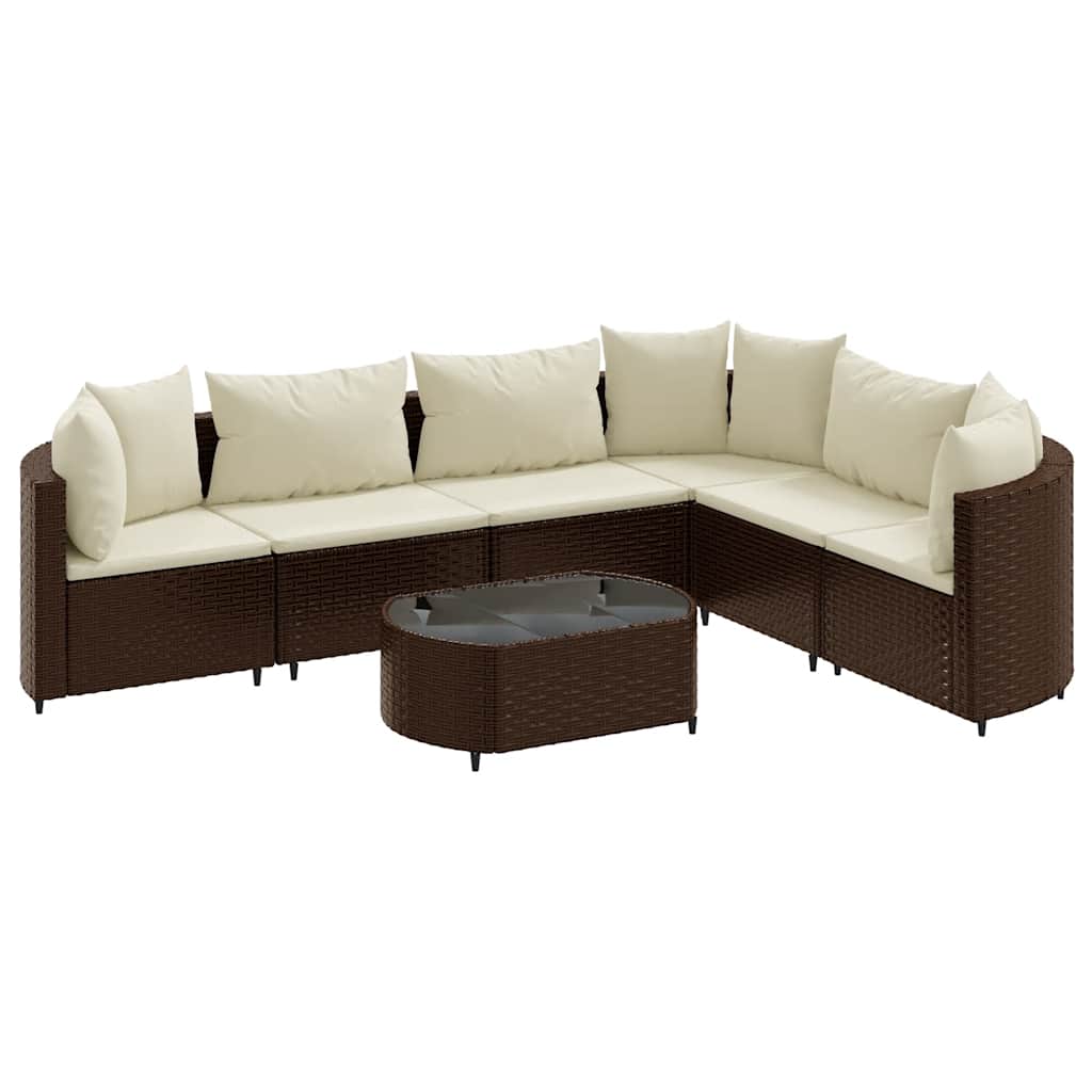7 Piece Patio Sofa Set with Cushions Brown Poly Rattan