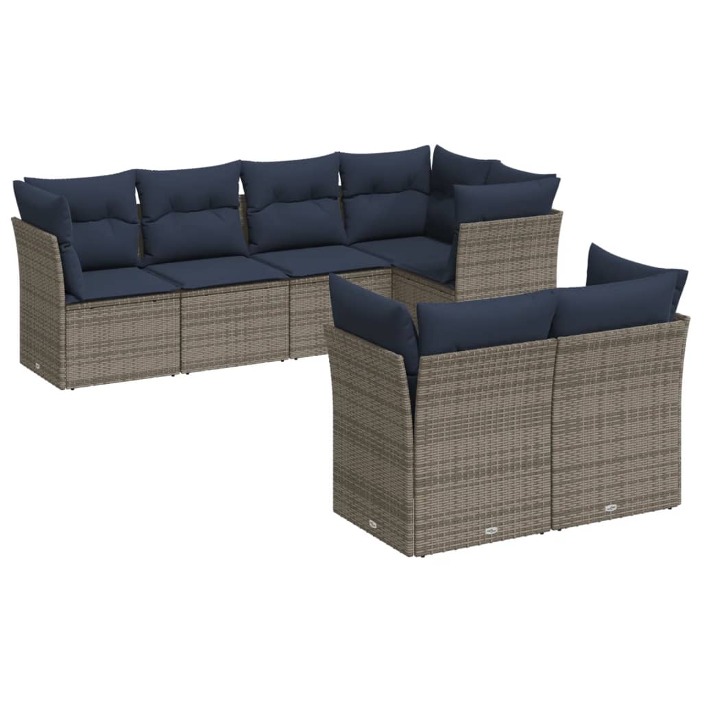 7 Piece Patio Sofa Set with Cushions Gray Poly Rattan