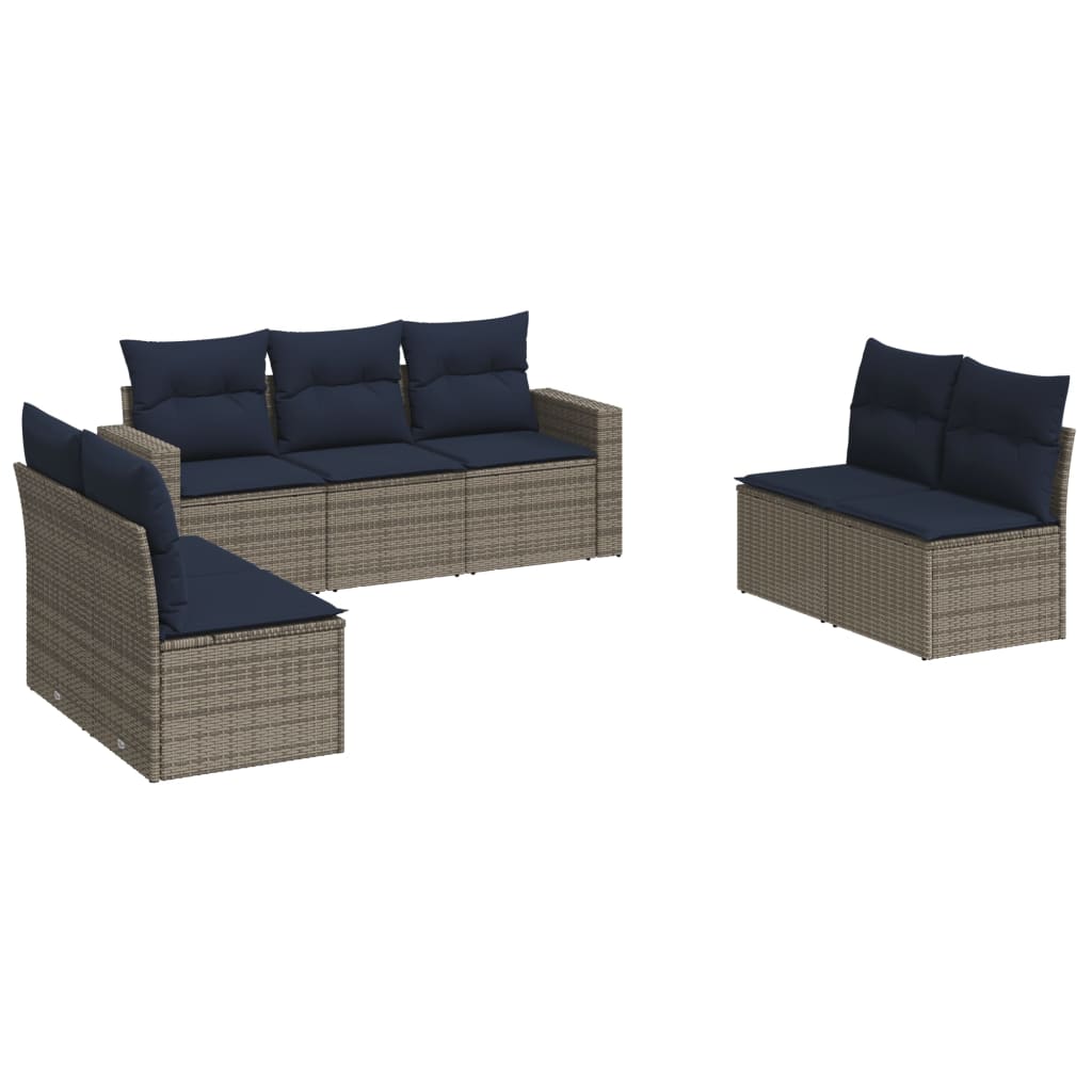 7 Piece Patio Sofa Set with Cushions Gray Poly Rattan