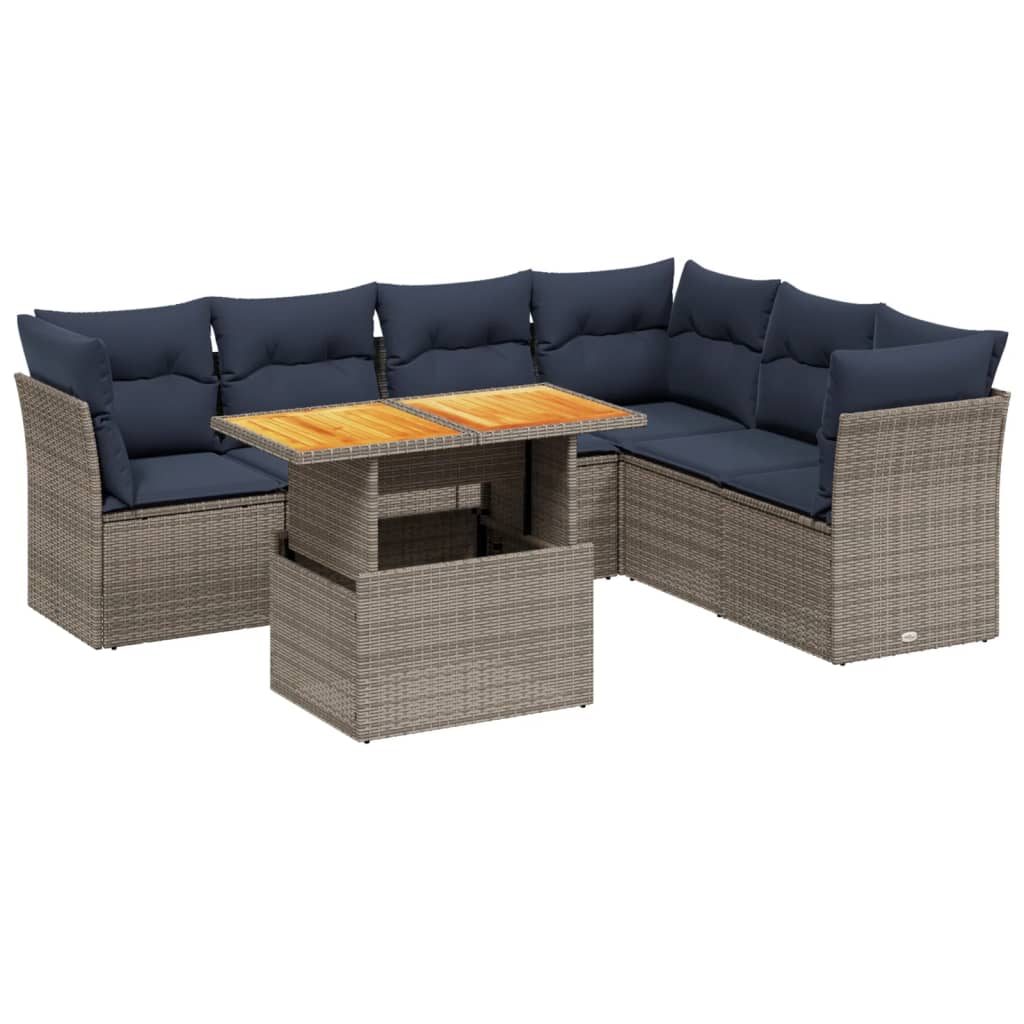 7 Piece Patio Sofa Set with Cushions Gray Poly Rattan
