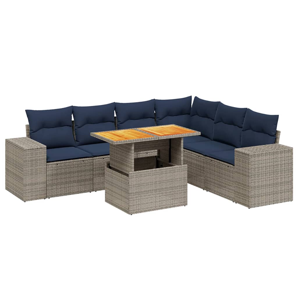 7 Piece Patio Sofa Set with Cushions Gray Poly Rattan