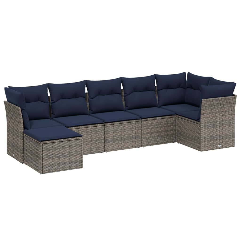 7 Piece Patio Sofa Set with Cushions Gray Poly Rattan