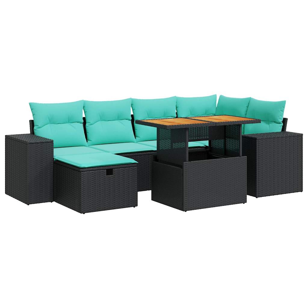7 Piece Patio Sofa Set with Cushions Gray Poly Rattan Acacia