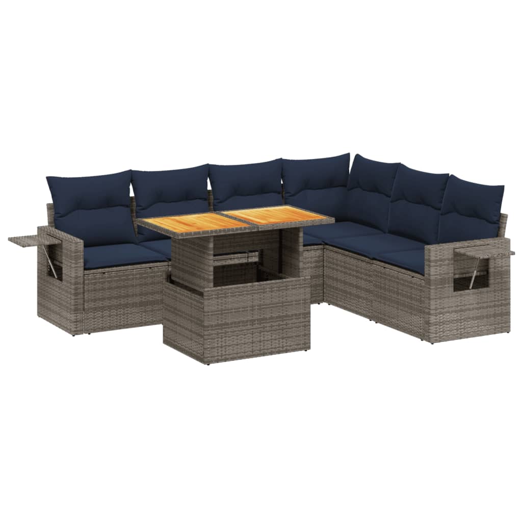 7 Piece Patio Sofa Set with Cushions Gray Poly Rattan