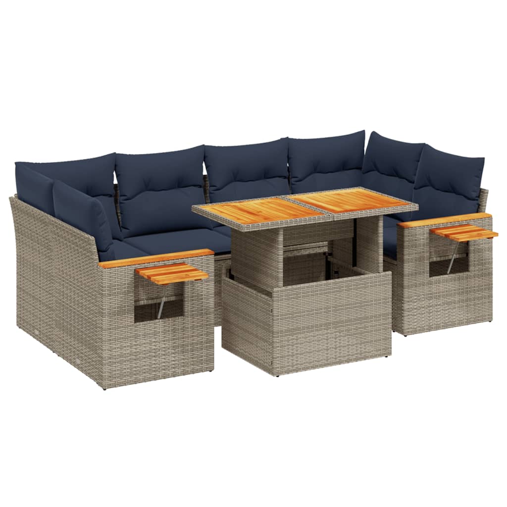 7 Piece Patio Sofa Set with Cushions Gray Poly Rattan