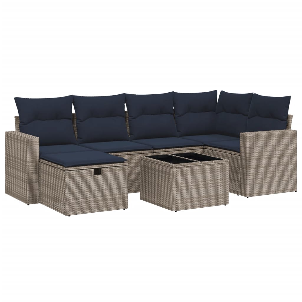 7 Piece Patio Sofa Set with Cushions Gray Poly Rattan