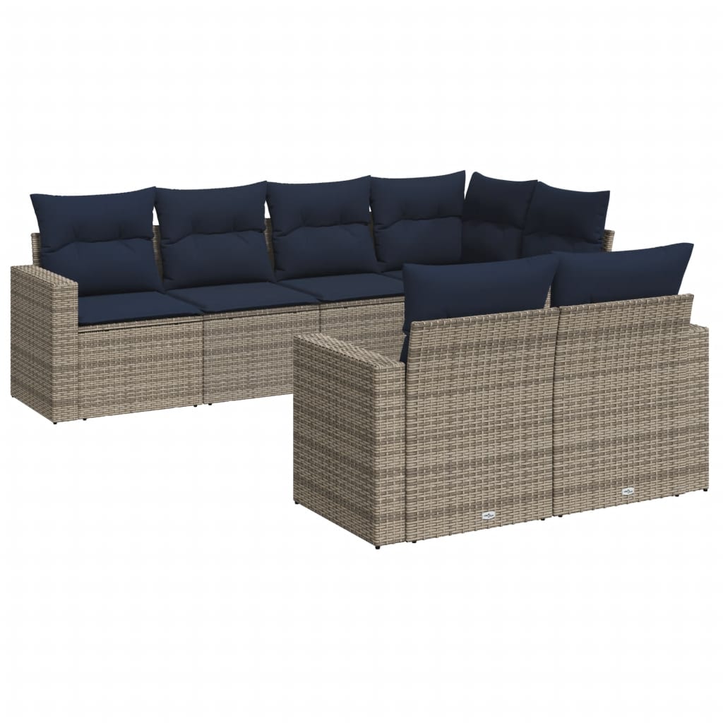 7 Piece Patio Sofa Set with Cushions Gray Poly Rattan