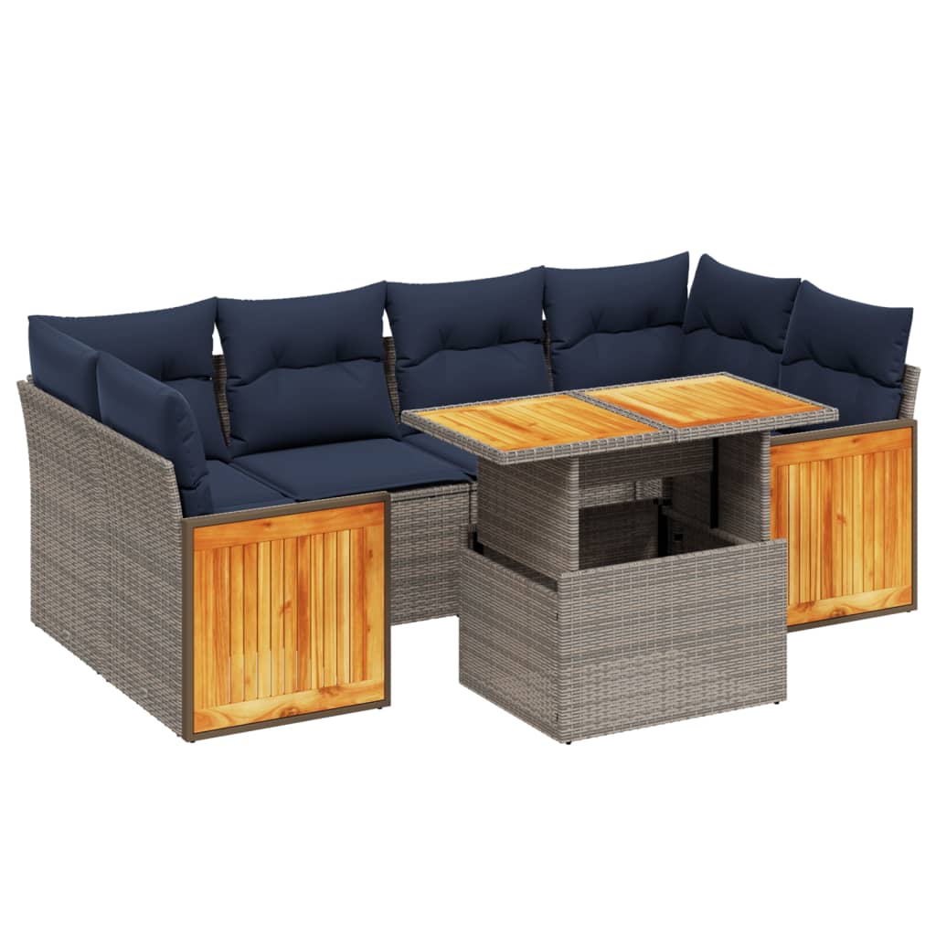 7 Piece Patio Sofa Set with Cushions Gray Poly Rattan