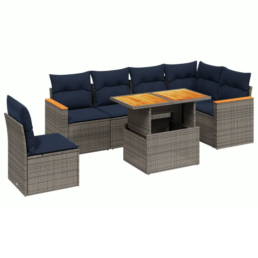 7 Piece Patio Sofa Set with Cushions Gray Poly Rattan