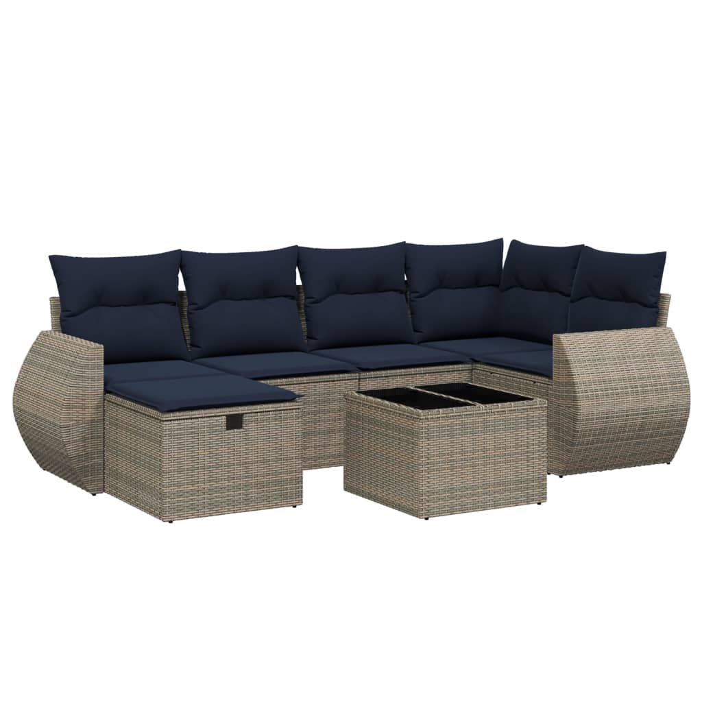 7 Piece Patio Sofa Set with Cushions Gray Poly Rattan
