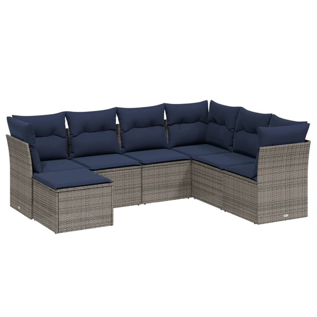 7 Piece Patio Sofa Set with Cushions Gray Poly Rattan