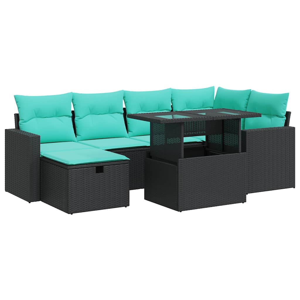 7 Piece Patio Sofa Set with Cushions Gray Poly Rattan Acacia