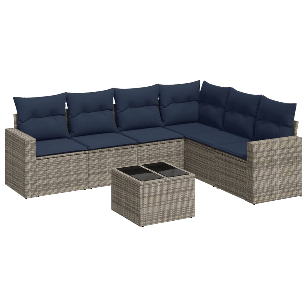 7 Piece Patio Sofa Set with Cushions Gray Poly Rattan