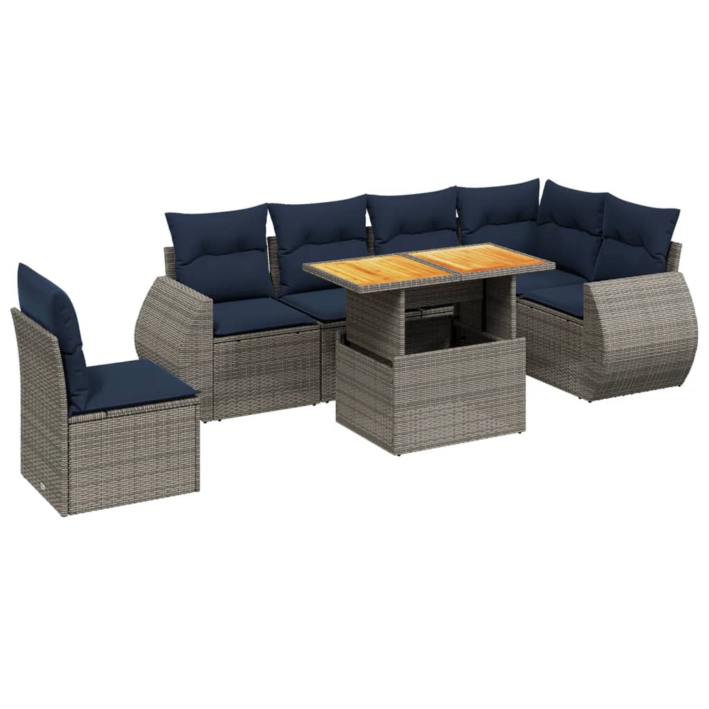 7 Piece Patio Sofa Set with Cushions Gray Poly Rattan