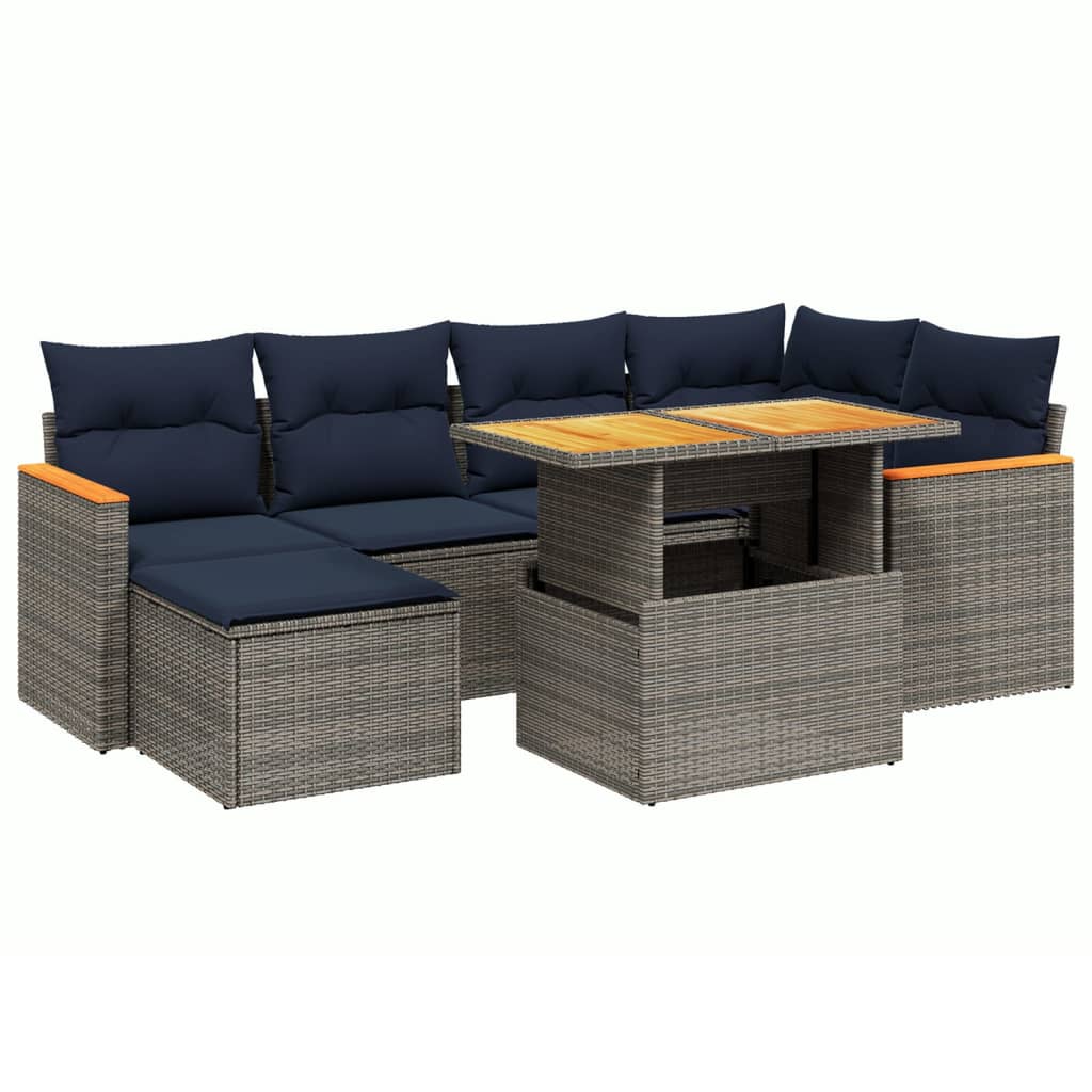 7 Piece Patio Sofa Set with Cushions Gray Poly Rattan