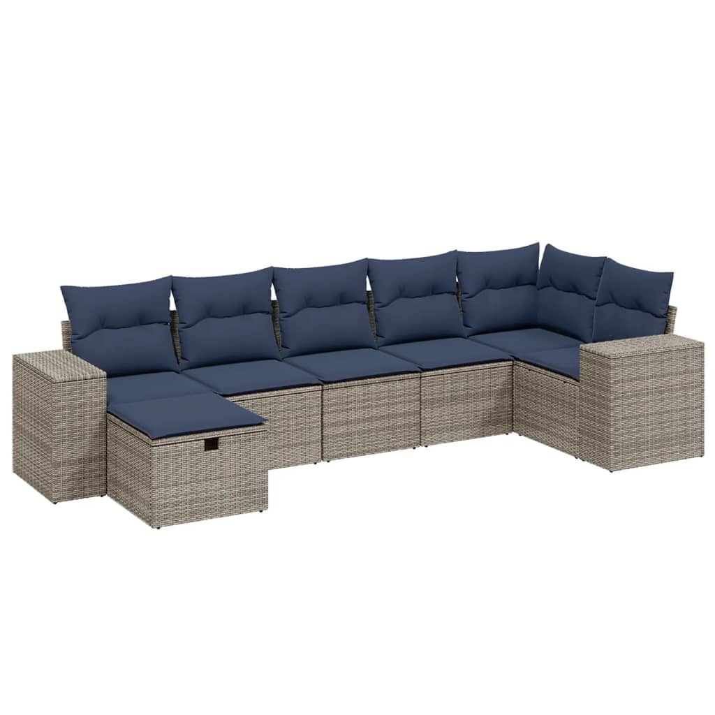 7 Piece Patio Sofa Set with Cushions Gray Poly Rattan