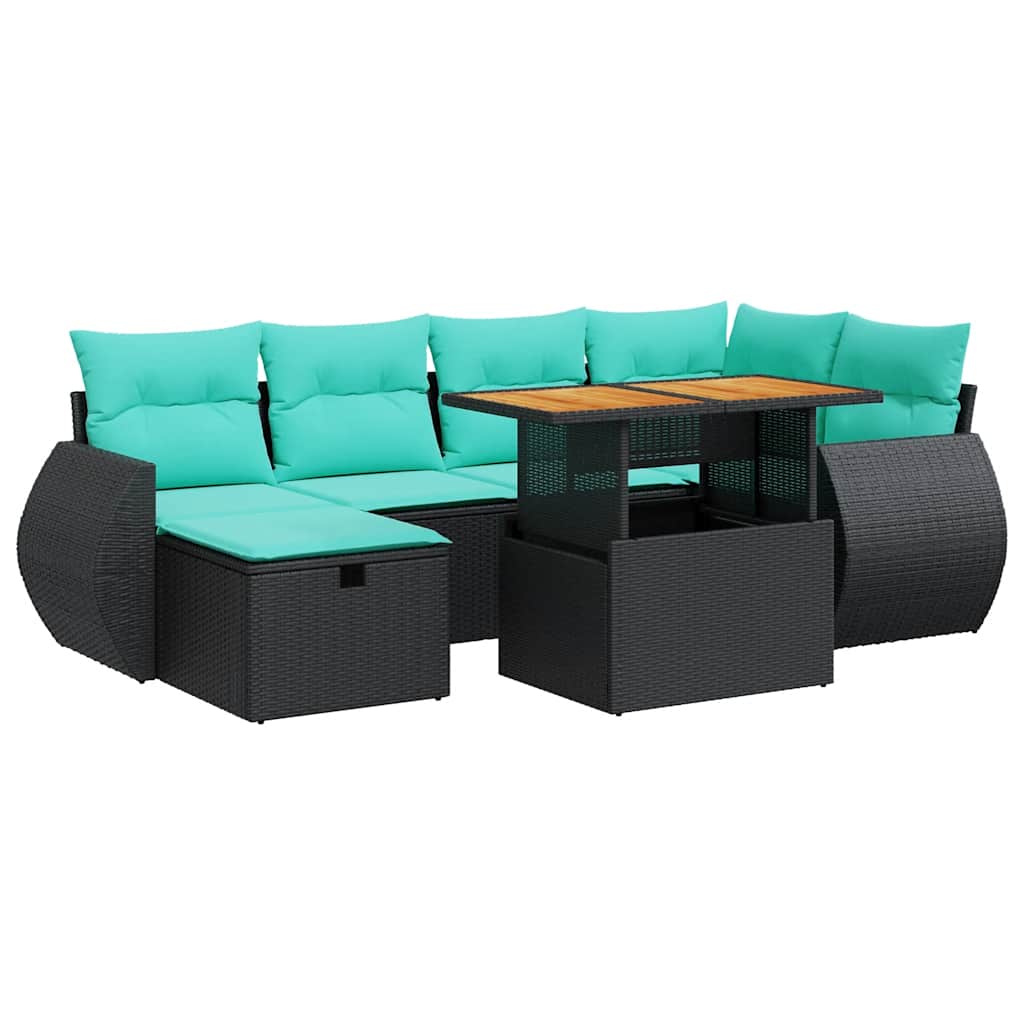 7 Piece Patio Sofa Set with Cushions Gray Poly Rattan Acacia