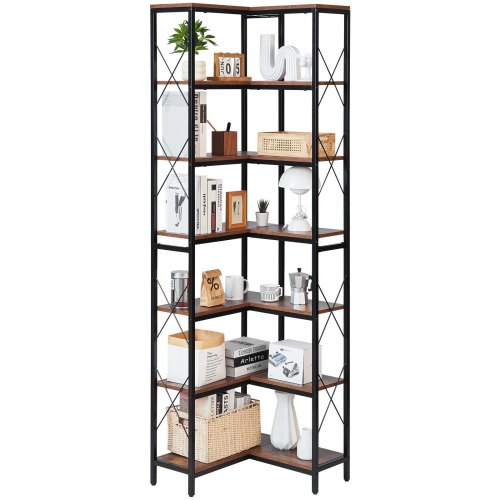 79-inch tall industrial-style corner bookshelf with sturdy metal frame and reversible wooden shelves
