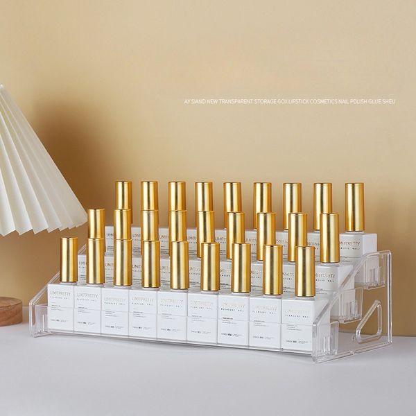 7-layer acrylic nail polish display stand for cosmetics, perfect for showcasing lipsticks and lip glosses on transparent shelves