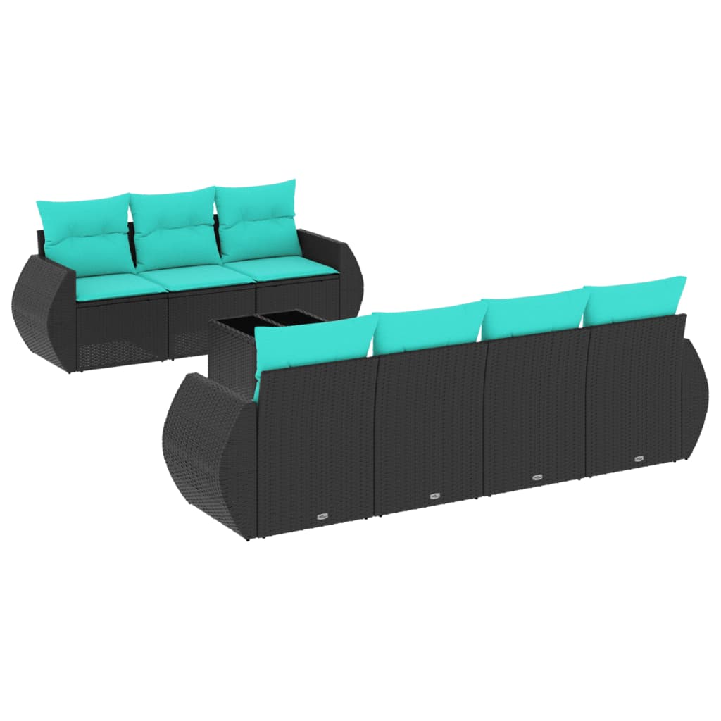8 Piece Garden Sofa Set with Cushions Black Poly Rattan