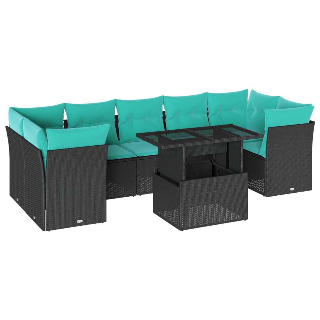 8 Piece Garden Sofa Set with Cushions Black Poly Rattan