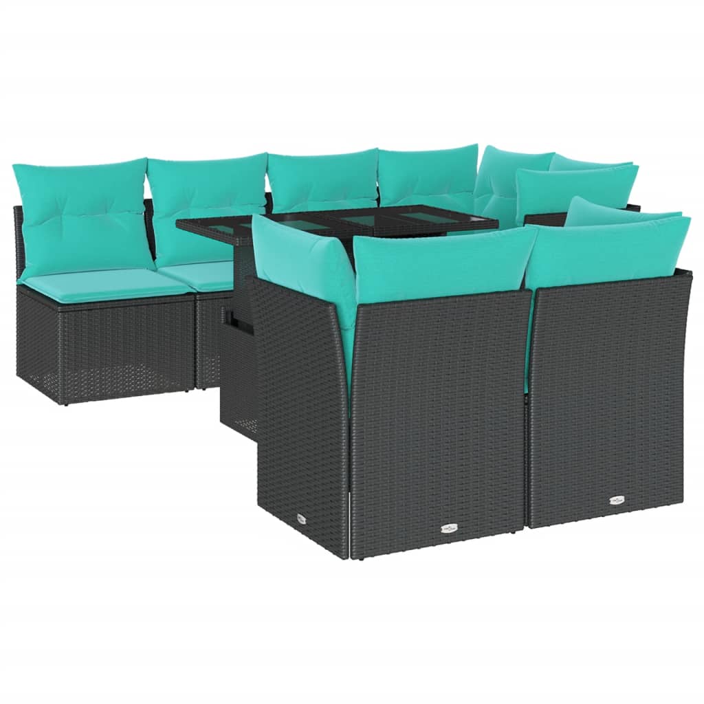 8 Piece Garden Sofa Set with Cushions Black Poly Rattan