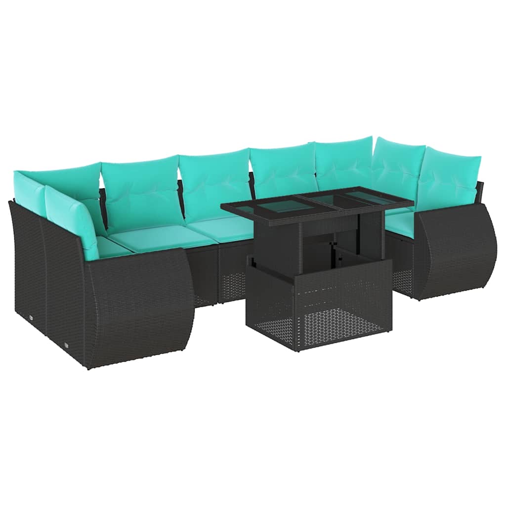 8 Piece Garden Sofa Set with Cushions Black Poly Rattan