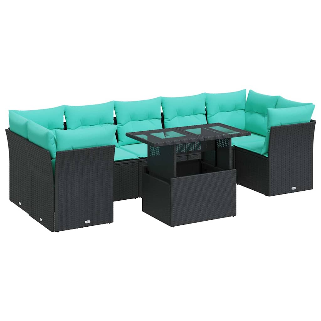8 Piece Patio Sofa Set with Cushions Black Poly Rattan Acacia