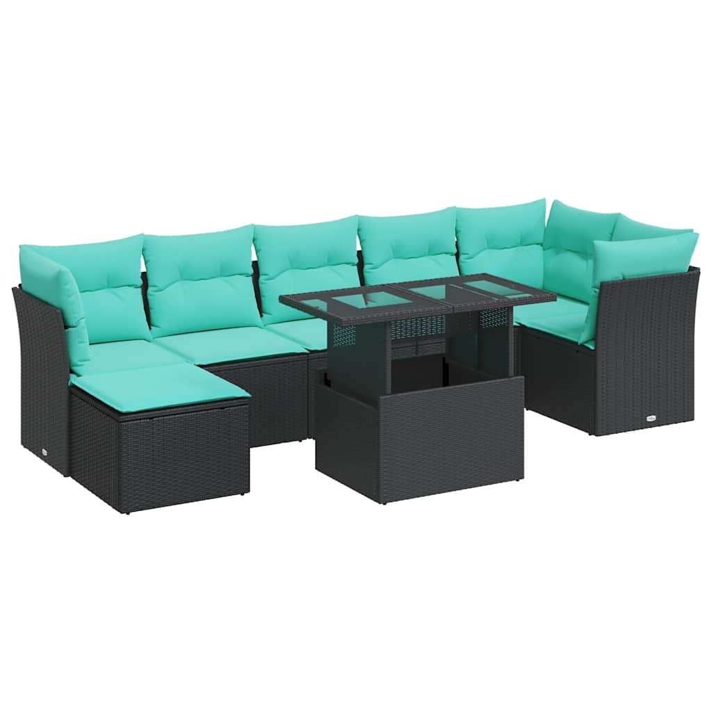 8 Piece Patio Sofa Set with Cushions Black Poly Rattan Acacia